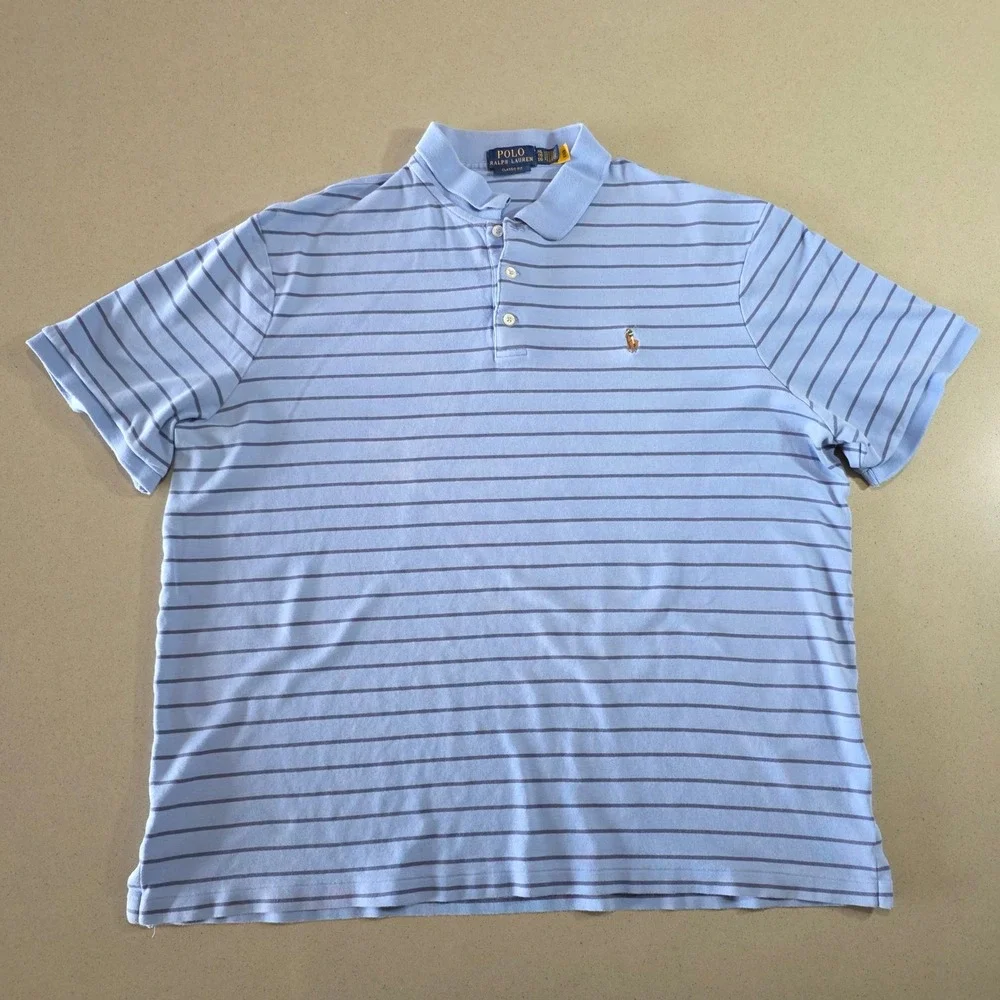 Polo Ralph Lauren Men XL Classic Fit Polo Shirt Blue Striped Short Sleeve Cotton